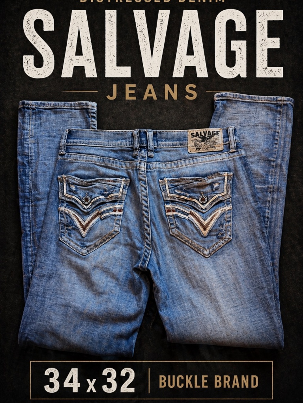 Salvage Mayhem Straight Jeans 34 Distressed Light Wash Buckle Denim